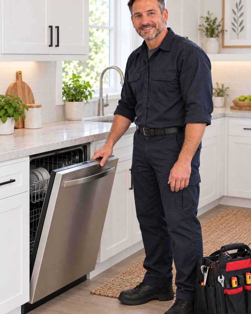 A Folly Road technician opening a stainless dishwasher