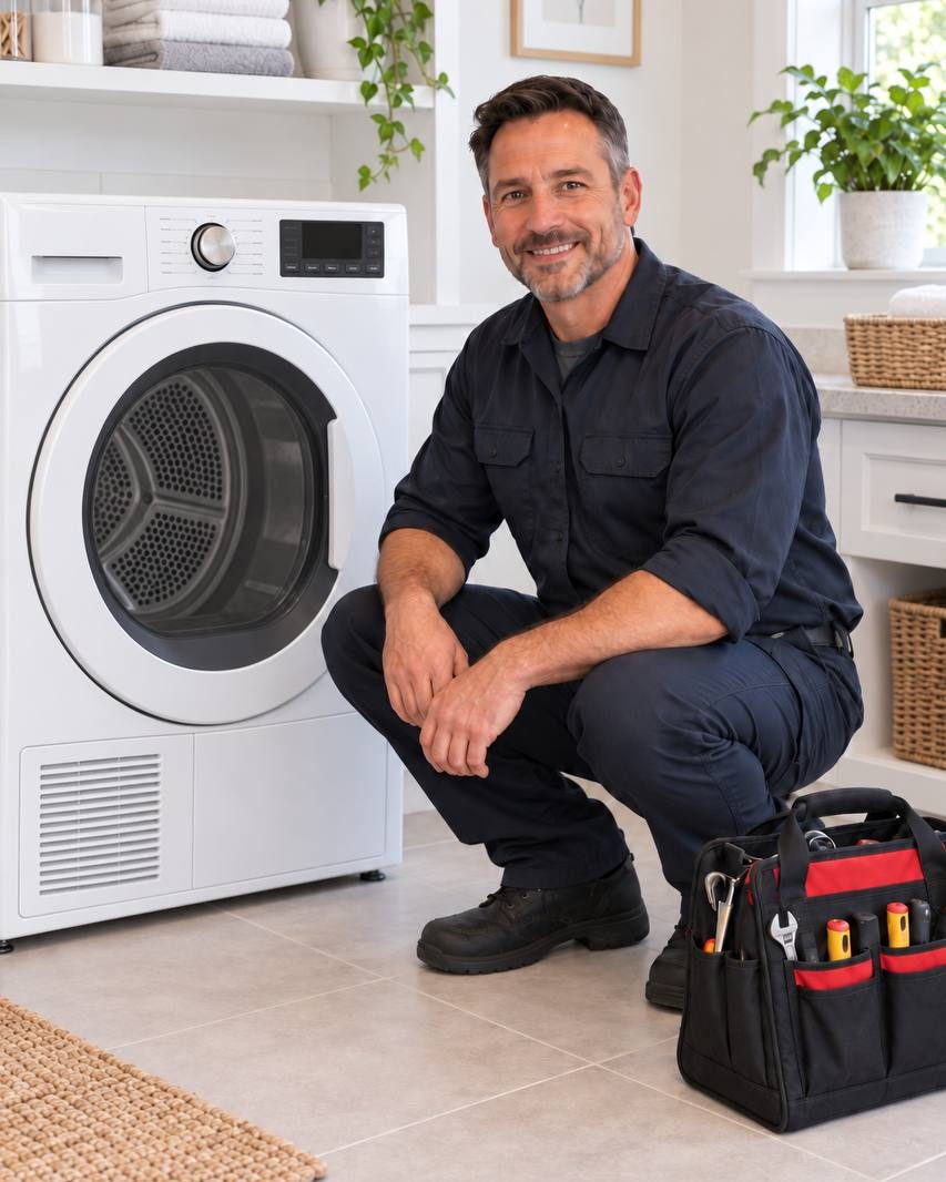 A Folly Road technician crouched beside a front-load dryer with its door open