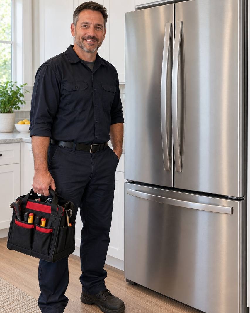 A Folly Road technician with a tool bag beside a French-door refrigerator