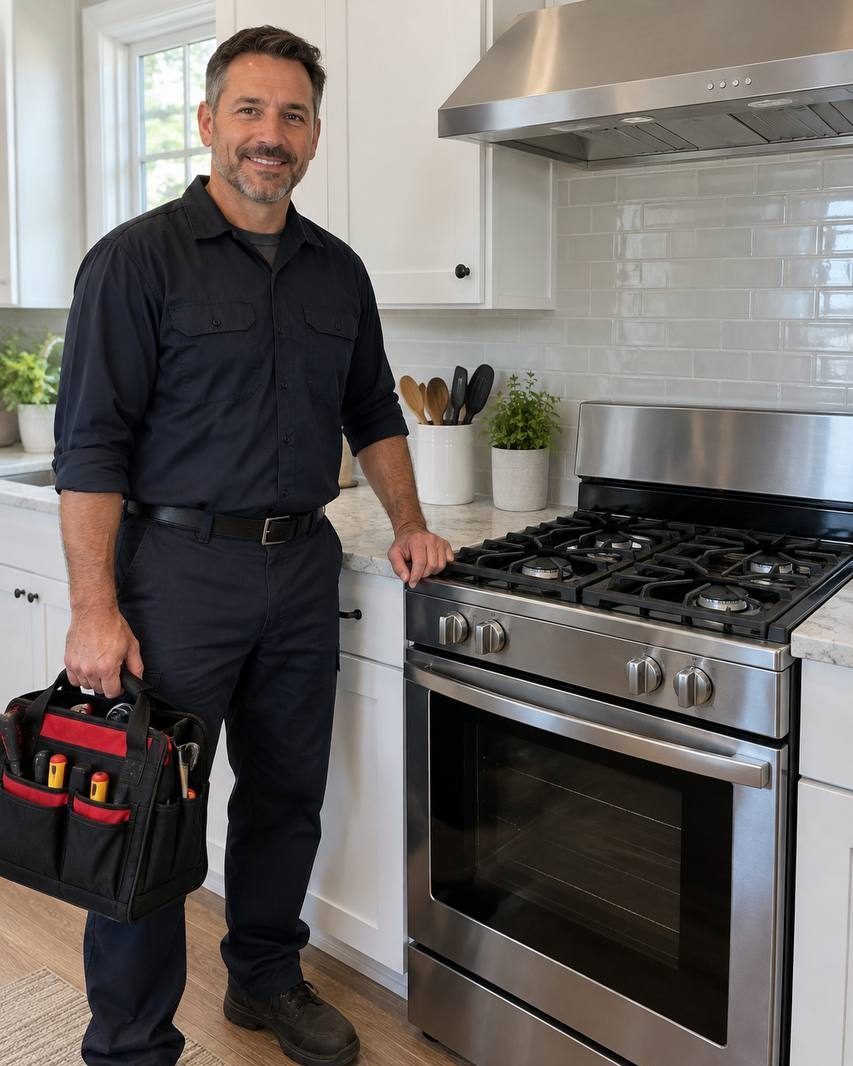 A Folly Road technician standing at a stainless gas range