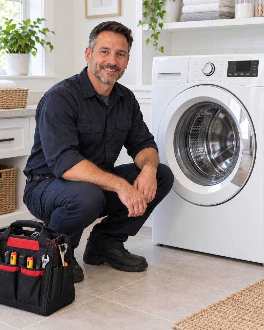 A Folly Road technician crouched beside a front-load washer, tool bag at hand
